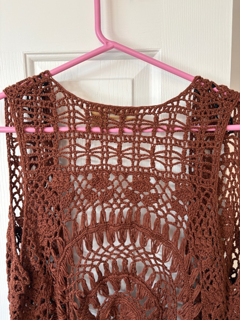 NWOT Beautiful Wrangler Brand Crochet Fringe Open Front Vest in Rich Brown M - Picture 12 of 17